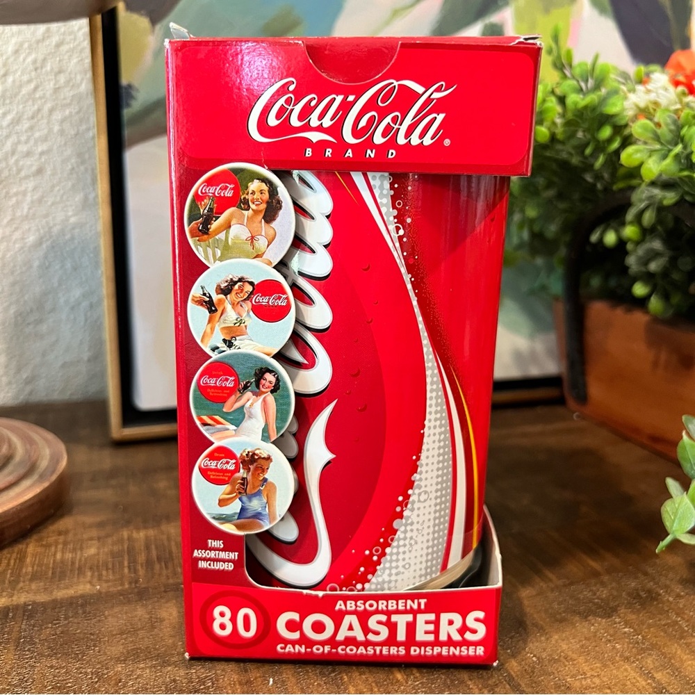 Coca-Cola Can Dispenser Includes 80 Absorbent Coasters  (4 Diff Designs) NIB